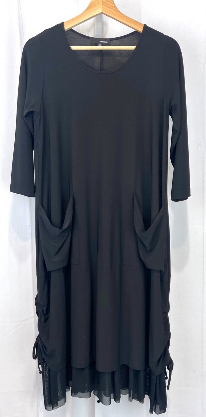 SUN KIM Comfy USA Tiered Midi Dress 3/4 Sleeve Stretch Jersey Mesh Hem Black S